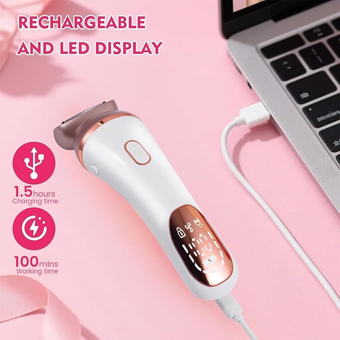 Electric Razor Bikini Trimmer for Women Rechargeable Painless Shaver for Body Hair IPX7 Waterproof Cordless LED Display for Women Underarm Public Hairs (Gold)