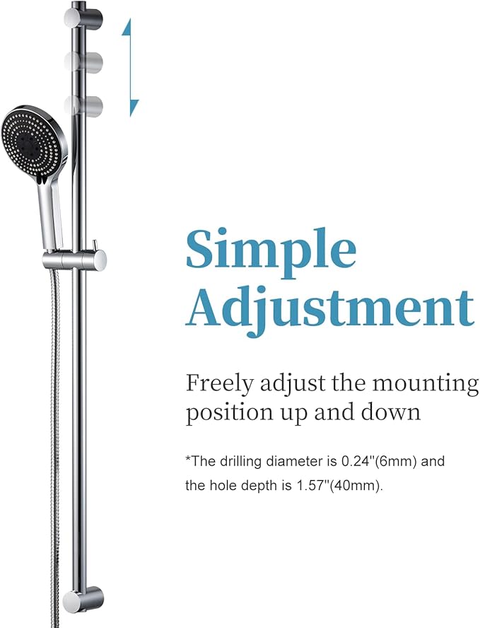 OFFO Shower Slide Bar Combo, Adjustable 40 in Slide Bar with 6-Mode High Pressure Handheld Shower Head and 60 in Stainless Steel Hose, Screw Wall Mounted, Chrome