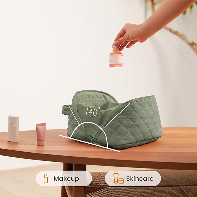 Toiletry Bag for Women, Travel Makeup Bag Organizer, Wide Open Lay-Flat Water-Resistant Large Cosmetic Case, Puffy Padded Travel Organizer for Toiletries & Brushes Large Capacity with Compartments