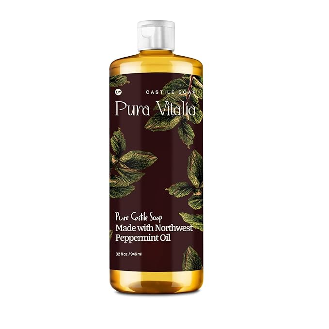 Pura Vitalia Peppermint Organic Castile Soap | Body Wash & Cleanser for Face & Hands | Biodegradable, Eco-Friendly, Palm Oil Free, Vegan & Gentle | Made with 6 Natural Ingredients - 32 oz