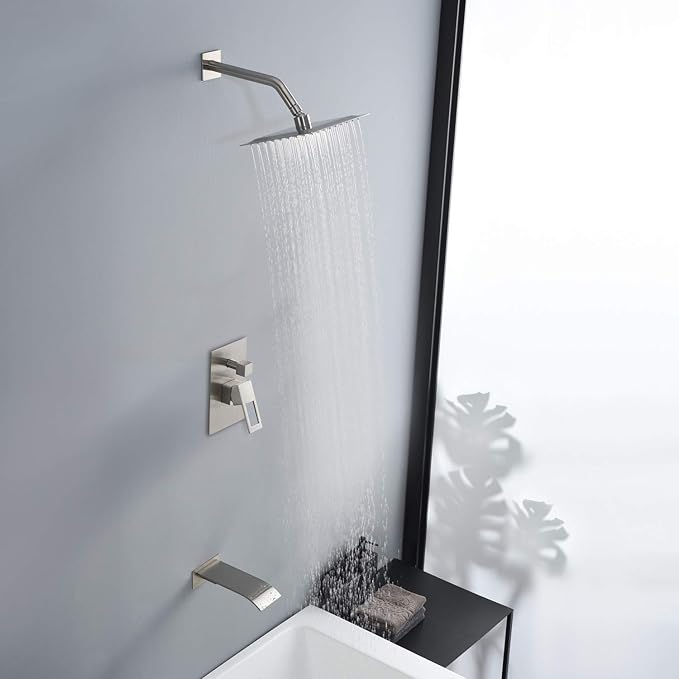 sumerain Tub and Shower Faucet Set with Anti-scalding Pressure Balance Valve, 8 Inch Shower Head and Waterfall Tub Spout, Brushed Nickel
