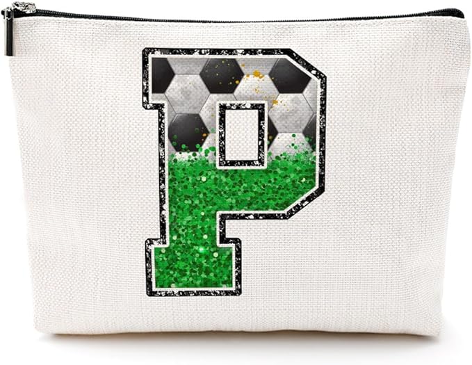 CQM Soccer Gifts Initial Makeup Bag Monogrammed Cosmetic Bag Letter P Zipper Pouch Soccer Accessories for Girls Women Player Coaches Friend Graduation Birthday Gifts