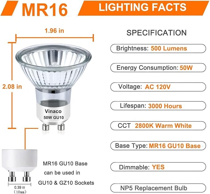 Vinaco Halogen GU10+C 120V 50W Long Lasting, Candle Warmer lamp Bulb 50 watt Warm White 2800K, Dimmable 50watt MR16 with Glass Cover for Track Lighting, Range Hood, Pack of 6