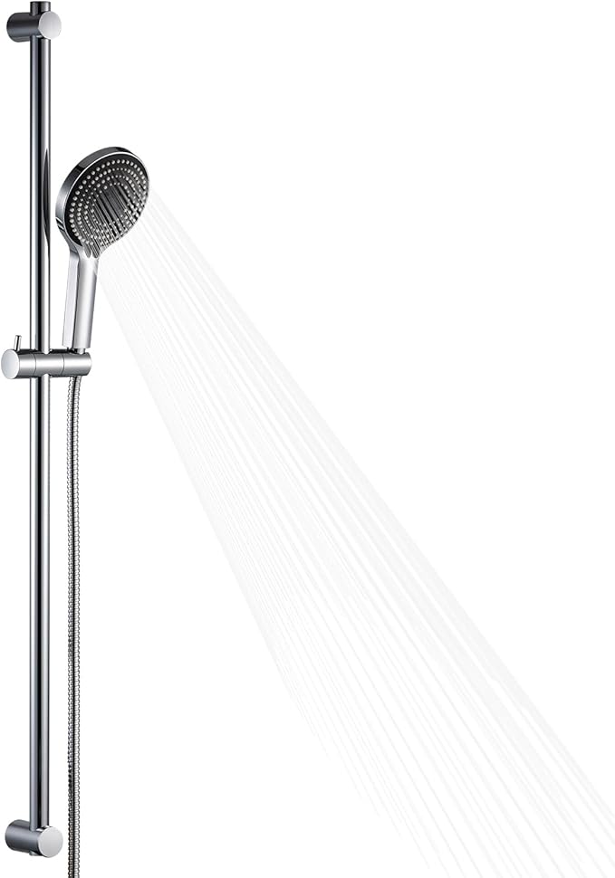 OFFO Shower Slide Bar Combo, Adjustable 40 in Slide Bar with 6-Mode High Pressure Handheld Shower Head and 60 in Stainless Steel Hose, Screw Wall Mounted, Chrome