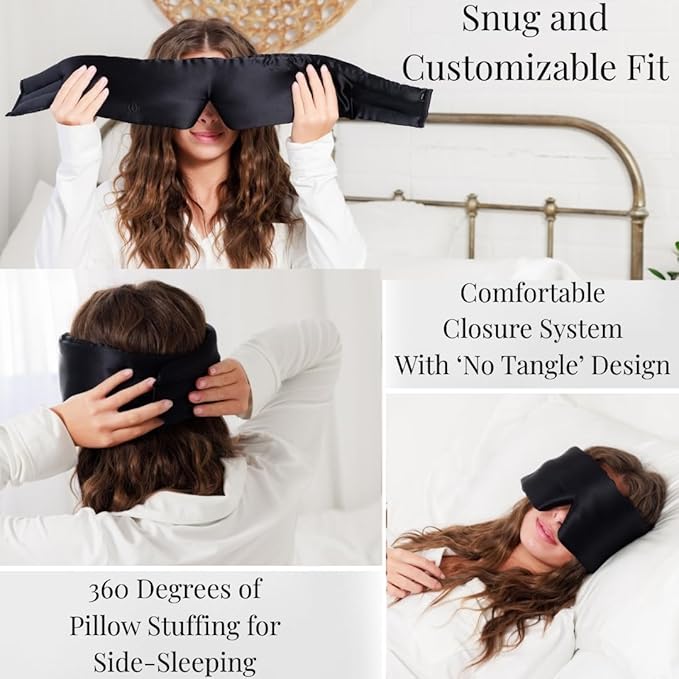 3D Silk Sleep Mask, Sleep Longer in Total Darkness and Comfort. Total Blackout Liner Blocks Light, Lightweight, 100% Silk 22 Momme, Foam Countour Does Not Crush Eyelashes (Obsidian Black)