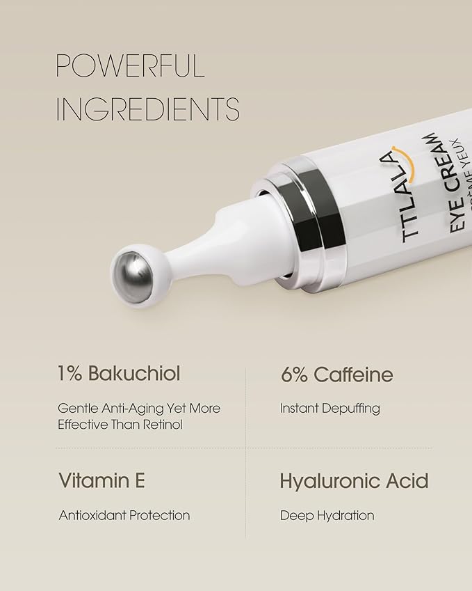 TTLALA Eye Cream with 6% High-purity Caffeine & 1% Bakuchiol, Under Eye Cream for Dark Circles, Puffiness, Fine Lines, Anti Aging, Wrinkles, Eye Bags Treatment for Women & Men with 360° Roller, 0.57oz