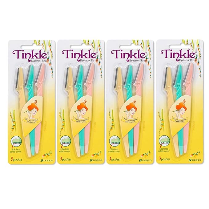 Tinkle Dermaplaning Tool 12ct, Dermaplane Razor for Women, Safe and Easy Peach Fuzz Remover, Eyebrow Trimmer with Protective Cover (4 Packs of 3)