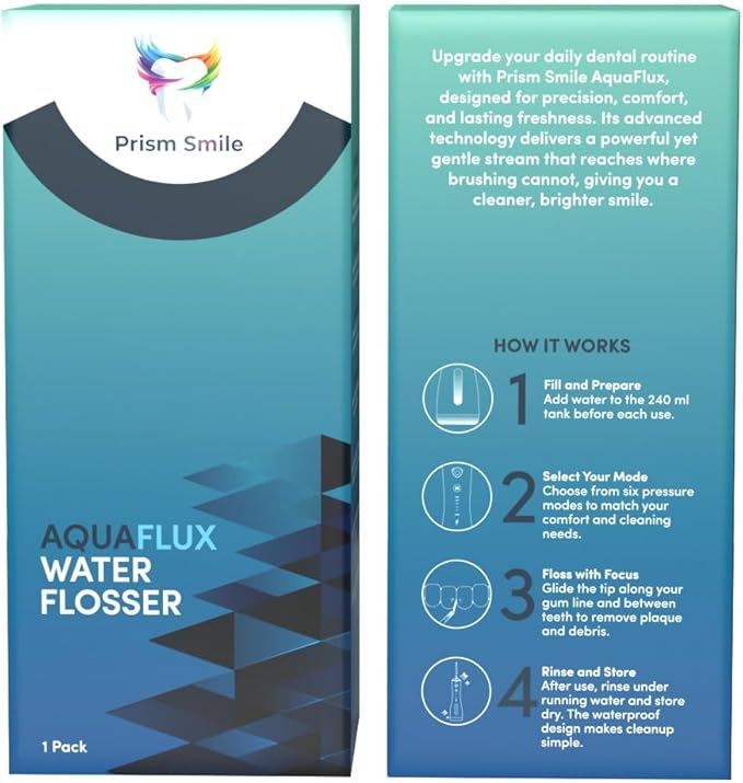 AquaFlux Water Flosser, Cordless Dental Irrigator with 6 Modes, 240ml Tank, IPX7 Waterproof, 30-Day Battery Life, 8 Tips Included