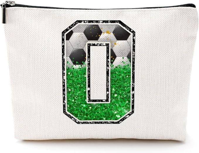 CQM Soccer Gifts Initial Makeup Bag Monogrammed Cosmetic Bag Letter O Zipper Pouch Soccer Accessories for Girls Women Soccers Player Coaches Friend Soccers Stuff Graduation Birthday Gifts