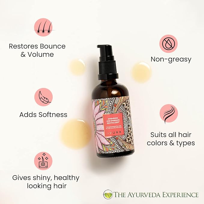 The Ayurveda Experience iYURA Ambhring Age Embrace Revitalizer and Hair Oil – Pro-age Hair Moisturizer for Bouncy, Shiny and Voluminous Hair – Ayurvedic Oil with Amla & Bhringraj – 3.4 fl oz