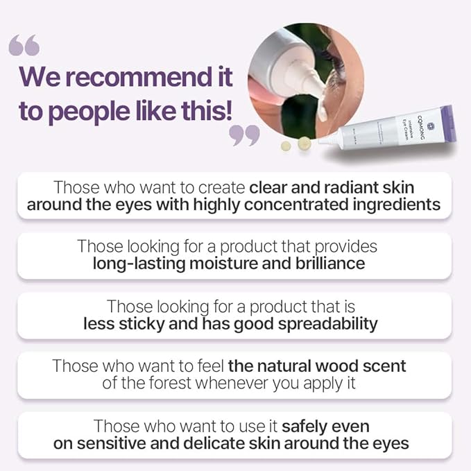 CQMONG Intensive Eye Cream 1.01 fl oz for dark circles, puffiness, wrinkles, fine lines, bags under eyes, dark spots l Natural wood scent l Glutathione, Collagen, 7 Amino Acids, Adenosine l Korean