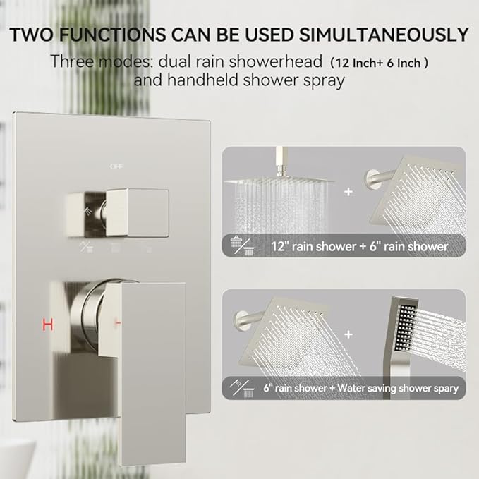 Rain Shower System Brushed Nickel, STARBATH 12+6" Double Rain Shower Head and Handheld Spray for Two Person, Ceiling Mount 3 Way Shower Faucet Set with 5 Diverter Valve and Trim Kit Complete