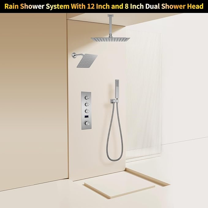 AYIVG Brushed Nickel Thermostatic Rainfall Shower System 12 Inch And 8 Inch Dual Square Shower Head System Ceiling Mount Bathroom Temperature Display Shower Faucet Set With Handled Spray
