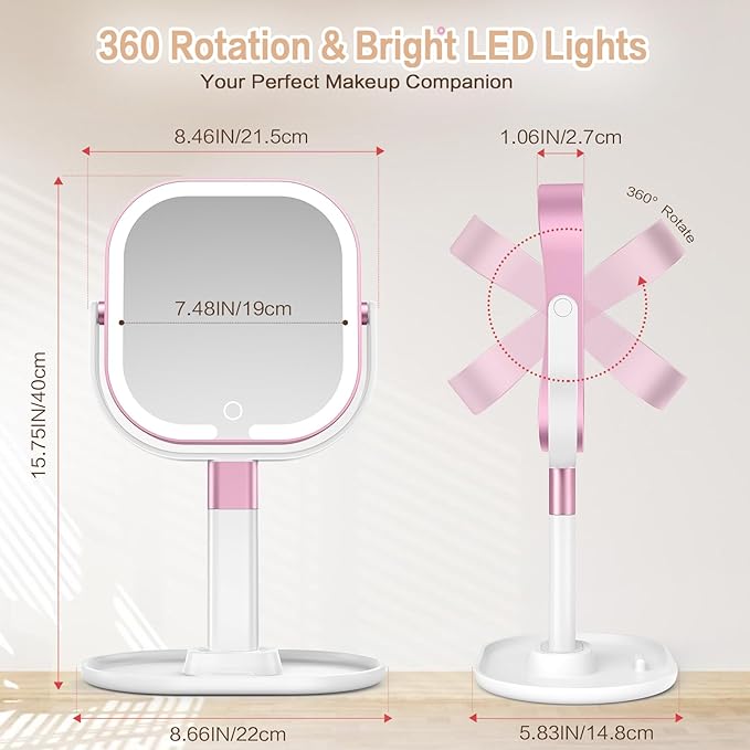 Makeup Mirror with Lights, 1X/10X Magnifying Vanity Mirror with 3 Colors, 2000mAh Rechargeable Double Sided Magnifying Mirror, Height Brightness Adjustable, 360° Rotation Vanity（Rose）