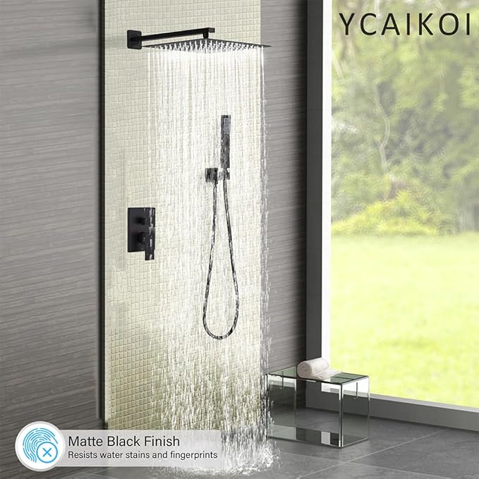 YCAIKOI Shower Faucet Set Complete, Wall Mount Shower System for Bathroom 12 Inch High-Pressure Rainfall Shower with Handheld, Rough-in Valve Body and Trim Kit, Matte Black