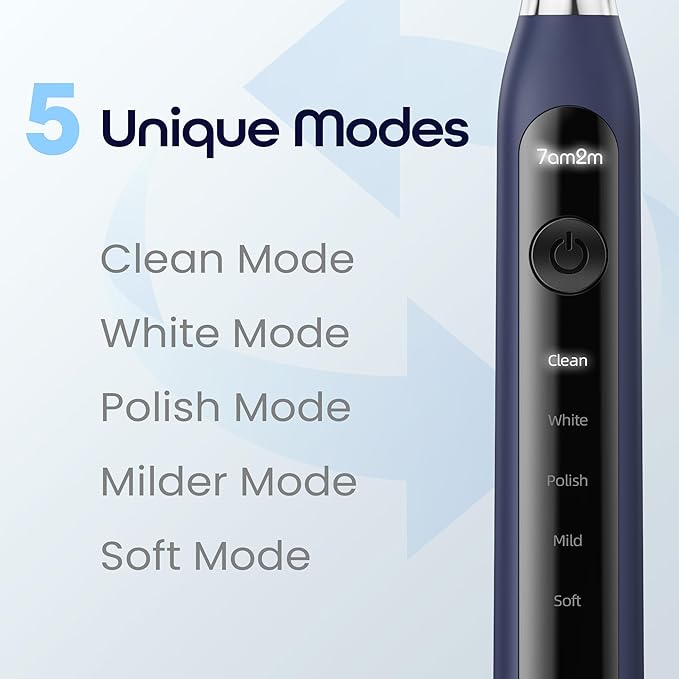 7AM2M Sonic Electric Toothbrush for Adults High Power Rechargeable Toothbrushes with 6 Brush Heads,5 Adjustable Modes, Built-in 2-Minute Smart Timer,3 Hours Fast Charge for 45Days (Navy)