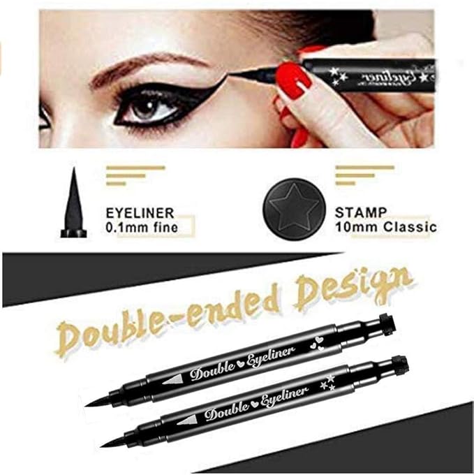 4Pcs Dual-Ended Black Liquid Eyeliners Pack with Face Stamps – Star Moon Flower Heart Stamps for Cosplay & Gothic Makeup,Fine Tip, Smudge-resistant – Beginner-Friendly (4Pcs-Black-set01)