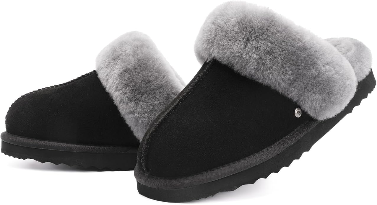 Parfeying Women's Shearling Slippers Genuine Leather with Rubber Sole, Sheepskin Fuzzy Indoor Outdoor Shoes for Home