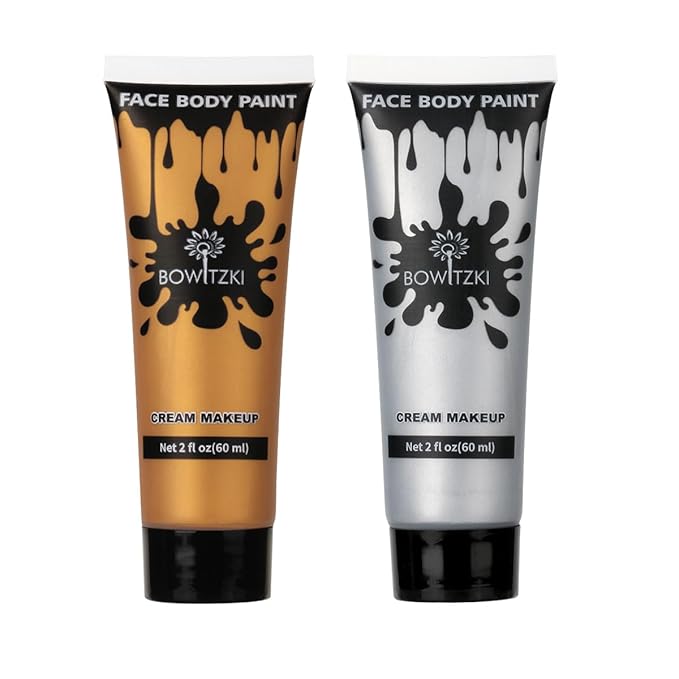 Bowitzki Face and Body Paint 2oz Cream Makeup 60ml Water Based Face Painting Special Effects For Adults Halloween Christmas Party Stage Cosplay (Gold+Silver)