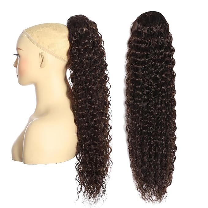 Deep Wave Ponytail Extension for Women 12 Inch Black Brown Curly Wavy Ponytail Hair Extensions Drawstring with Clips Short Synthetic Hairpiece for Daily and Party