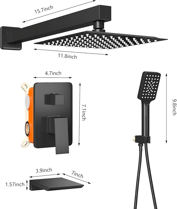 LCEVCGK Shower Faucet Set Complete Matte Black Shower System with 12 inch Square Rainfall Shower Head 3-Function Handheld Shower Waterfall Bathtub Spout Rain Shower Combo Set Bathroom Wall Mounted