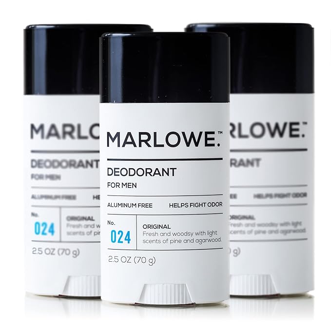 MARLOWE. No. 024 Natural Deodorant for Men 3-Pack | Aluminum Free Stick | Made with Coconut Oil, Shea Butter, Jojoba | Only No-Nonsense Ingredients that Work Best | Sage & Fir Scent