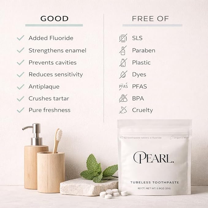Pearl Fluoride Mint Toothpaste Tablets | Dentist Designed | Natural Whitening | Sensitivity Relief | TSA Approved | Plastic-Free | Reusable Packaging (186 Tablets)