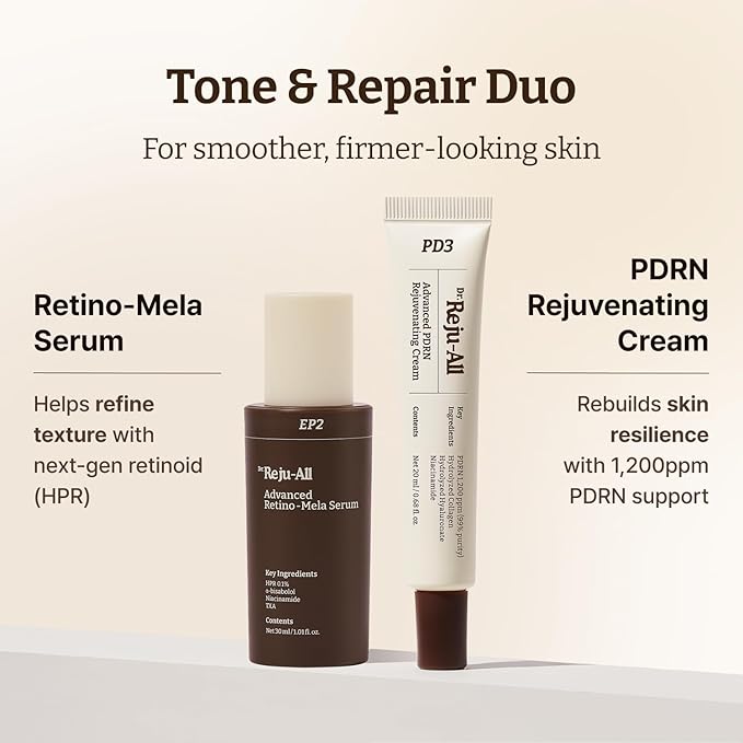 Dr.Reju-All Repair & Tone Duo: Advanced PDRN Rejuvenating Cream + Advanced Retino-Mela Serum - Face Moisturizer & Retinol Serum for Firming & Smooth Skin, Korean Pharmacy Anti-Aging Skin Care