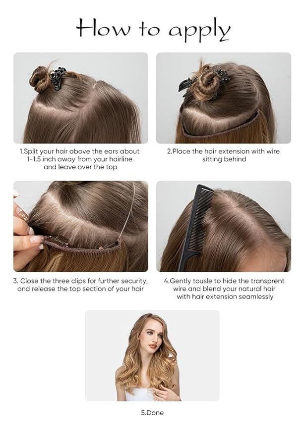 SARLA Invisible Wire Hair Extensions with 3 Clips Long Wavy Curly Synthetic Hairpiece for Women Adjustable Transparent Headband 22 Inch Dark Sand