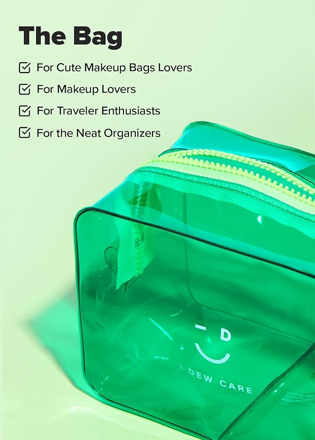 I DEW CARE Makeup Bag - Green Pouch | Cosmetic Standing PVC Clear Case, Water-resistant, Durable, Vacation Travel Friendly, Portable Cosmetic carry for Women & Men, Organizer