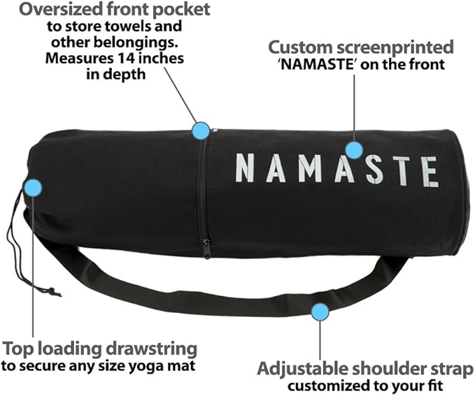 Masaya Namaste Large Yoga Mat Bag - Fits Exercise Mats, Drawstring Carrier for Men Women, Long Breathable Canvas Sling, Deep Front Pocket Zipper, Secret Storage, Adjustable Shoulder Strap