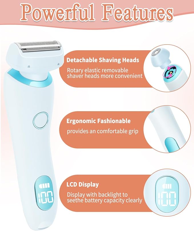 Bikini Trimmer for Women Electric Razors for Women, Double Head Dual Purpose, Waterproof Hair Razor, Ceramic Blade Hair Trimmer Wet & Dry Use, Painless Electric Shaver for Facial and Body (Blue)