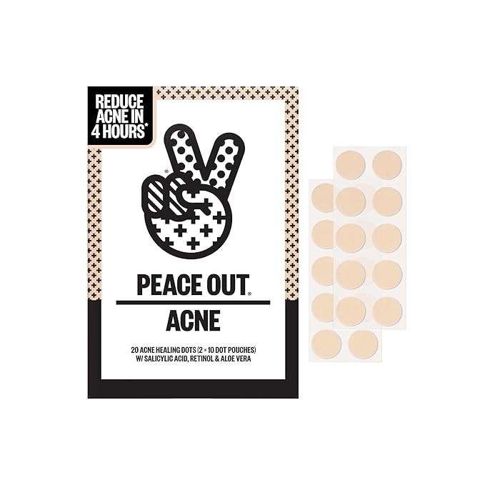 PEACE OUT Acne Healing Dots Hydrocolloid Pimple Patches, Acne Spot Treatment with Salicylic Acid, Retinol, and Aloe Vera for Blemishes and Breakouts, 20 Count