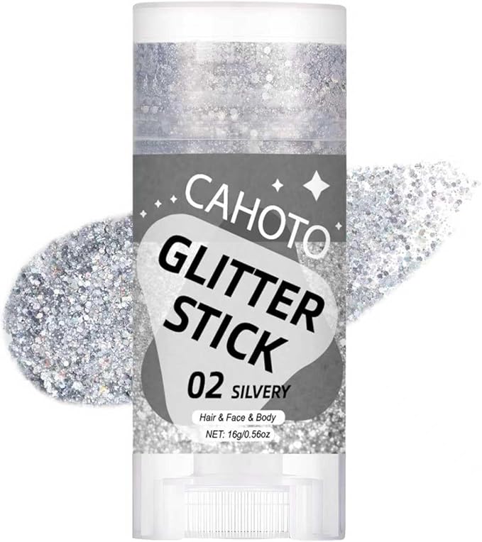 Silvery Face Body & Hair Glitter Stick for Singer Concerts Outfit, Shimmer Stick Gel for Women, Sparkling Holographic Chunky Sequins for Carnival Rave Festival Halloween, 0.56oz