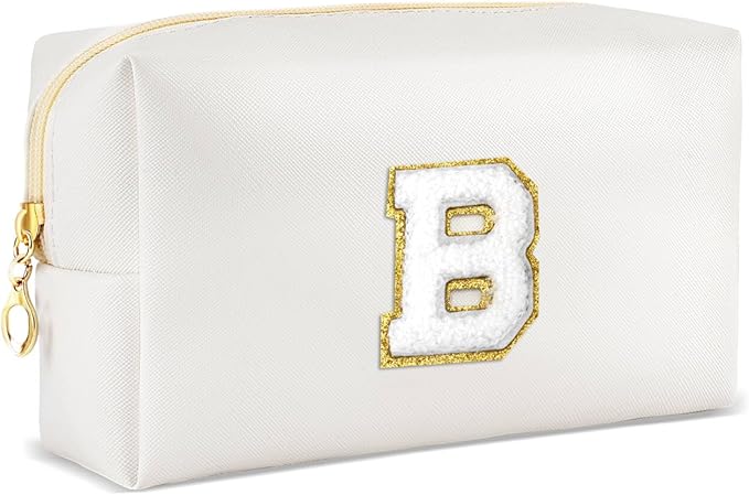 URSKYTOUS Gifts for Girls Initial Makeup Bag Personalized Cosmetic Bag with Zipper Cute Travel Toiletry Bags Waterproof PU Preppy Makeup Pouch Birthday Gift for Teen Girls Women(White B)