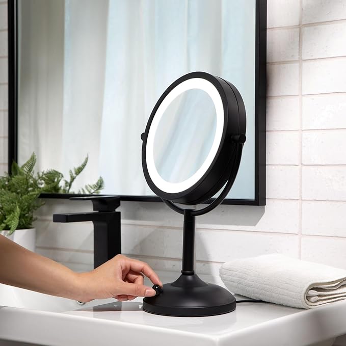 JERDON Lighted Tabletop Mirror with 10X/1X Magnification - Black Makeup Mirror with Multiple Light Settings - 8.5-Inch Diameter Vanity Mirror - Model JS8510BK