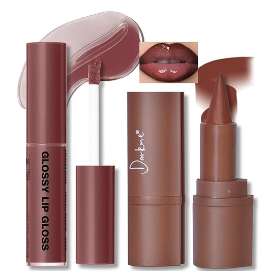 Lip Liner Gloss Set, Dark Red Plumping Lip Liner Lip Pencil Moisturizing Lightweight Lip Gloss Lip Combo, High Shine Glossy Lip Tint Lip Stain Makeup Long Lasting Lip Contour for Women
