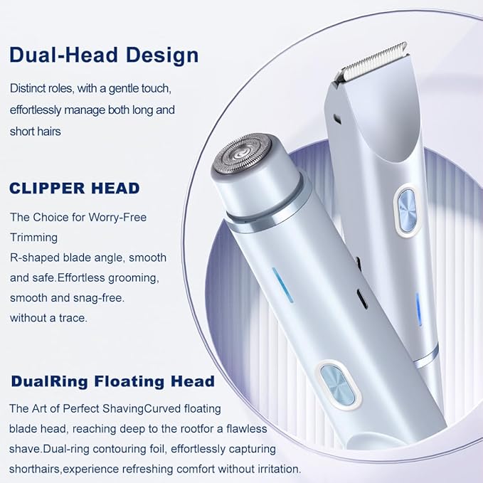 Women's Electric Shaver Bikini Trimmer for Women Razors 2-in-1 Dual Head Design IPX7 Waterproof Wet & Dry Use Body Groomer Hair Trimmer Remover for Facial Underarm Arm Face Leg Bikini (Blue)