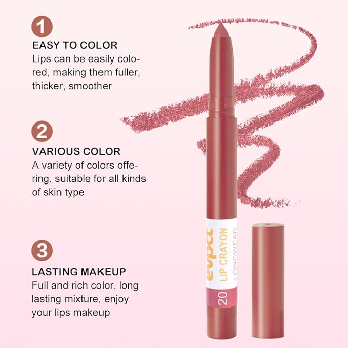 evpct Dusty Mauve Lip Liner Crayon Pencils Set for Women, Romantic Rose Matte Lip Stick Crayon Long Lasting, Lips Pencil Liner and Lipstick set, Lipliner Pencil, 24 Hours Lipstick Built-in Sharpener