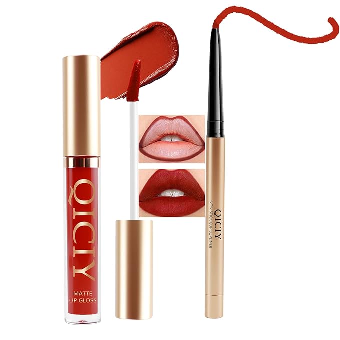 QueenDiary Lip Gloss and Liner Makeup Set, Lifter Gloss and Lifter Liner in Petal and Line Leader Shades (Energetic and Healthy)