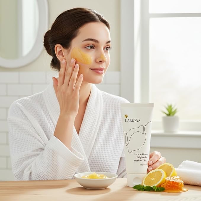 Labiora Lemon Honey Face Mask Wash-Off Pack & Scrub — 5-Minute, Exfoliating, Hydrating, Gentle for Sensitive Skin, with Manuka Honey & Lemon Extract, 3.52 oz (100 g)