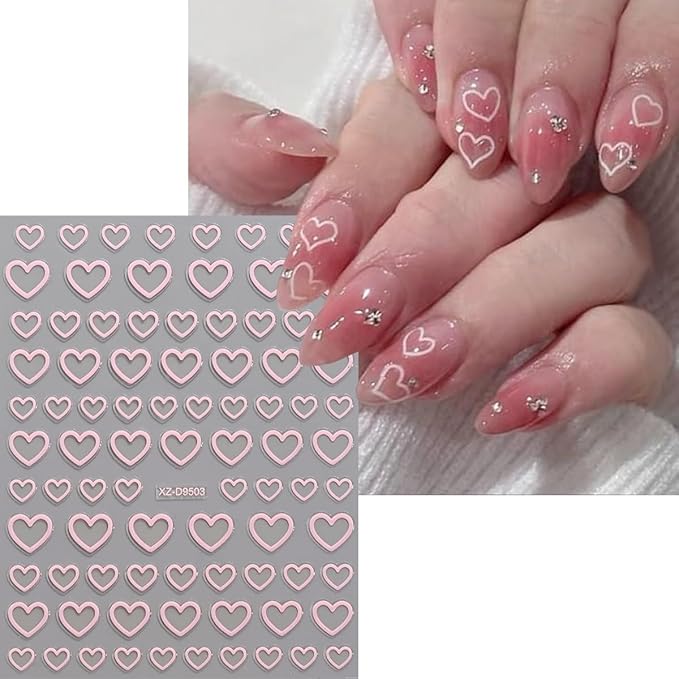 8 Sheets Heart Nail Stickers Valentines Heart Nail Decals 3D Self Adhesive Gold Silver Red White Black Hearts Nail Art Stickers Design Holiday Manicure Accessories for Women DIY Nails Supplies