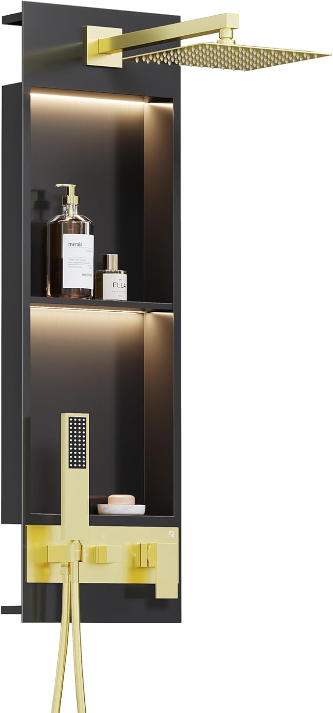 Qeke Integrated Shower Niche with Shower Head and Hand Shower, Stainless Steel Shower Tower System with Led Lights, 2-Tiers No Tile Needed Shower Niche for Bathroom in Gunmetal Black (Black Shower)