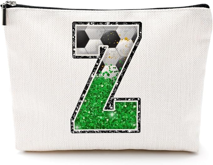 CQM Soccer Gifts Initial Makeup Bag Monogrammed Cosmetic Bag Letter Z Zipper Pouch Soccer Accessories for Girls Women Player Coaches Friend Stuff Graduation Birthday Gifts