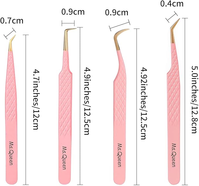 Ms.Queen Lash Tweezers Set,Professional 4Pcs 45 90 Degree Curved and Isolation Lash Tweezers for Eyelash Extensions