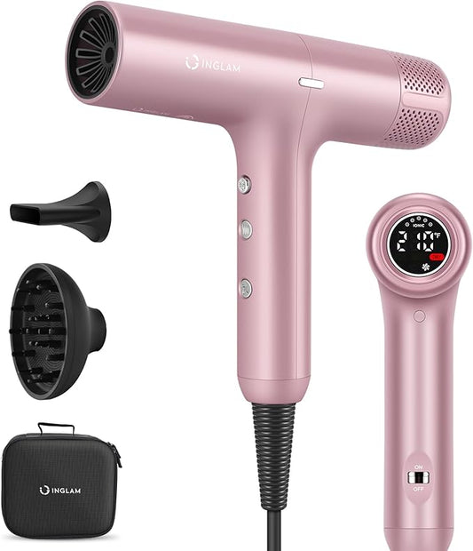 Hair Dryer, IG INGLAM 110, 000 RPM High-Speed Blow Dryer with LED Display, 1300W Low Noise Negative Ionic Hairdryer, 3 Temps & 3 Speeds Cool Switch & Memory Function, Lightweight, Rose Pink