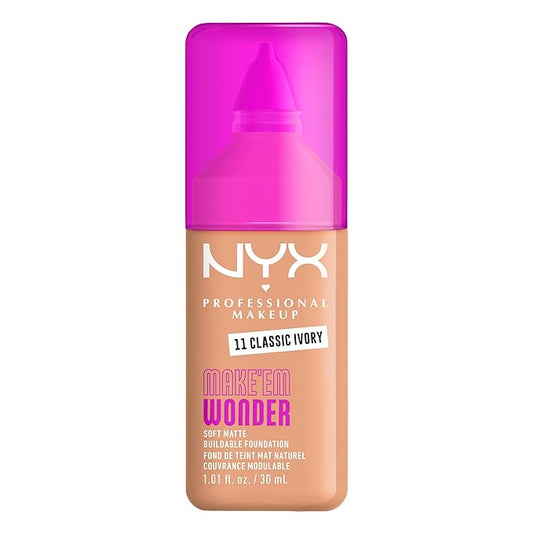 NYX PROFESSIONAL MAKEUP Make 'Em Wonder Liquid Foundation, 24HR Foundation Makeup With A Soft Matte Finish, Buildable Full Coverage - 11 Classic Ivory