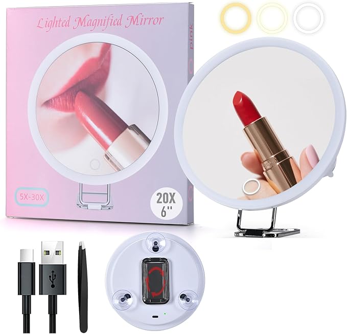 6" 20x Magnifying Mirror with Light Suction Cup,Led Close up Makeup Mirror for Tweezing with 360° Stand,3 Color Lighted Personal 20x Mirrors,20 Times Concave Zoom for Closer Partial Details