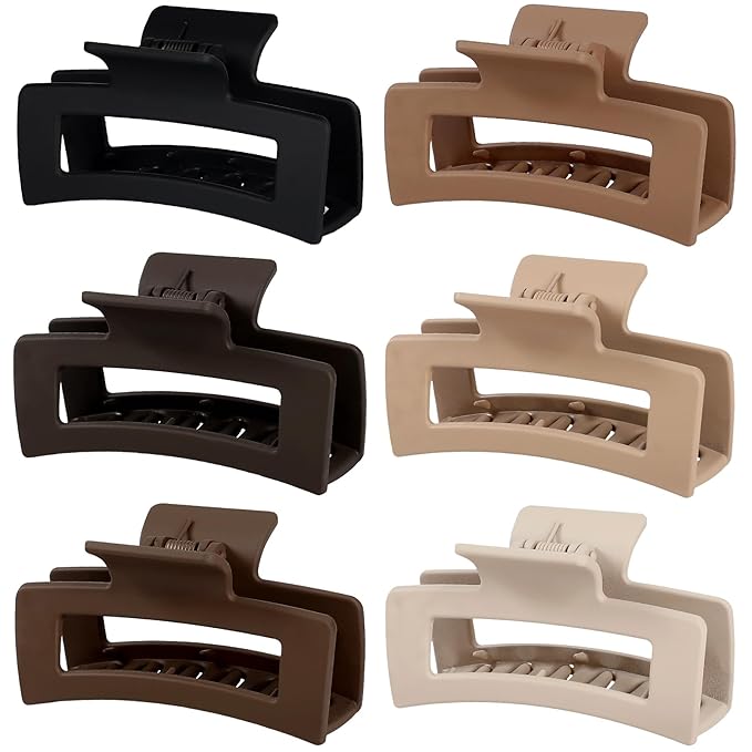 3.5 Inch Medium Hair Claw Clips 6 Pack Hair Clips for Women Square Rectangle Claw for Hair Banana Jaw Clips Hair Accessories for Girls -Coffee Brown