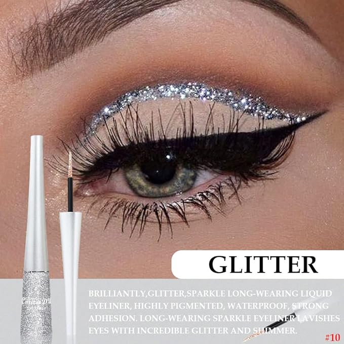 evpct 2Pcs Pearl White Silver Color Liquid Glitter Eyeliner Liners Sets for Women Liquid Sparkly Glitter Eyeliner delineador con glitter de colores para ojos colores 09+10